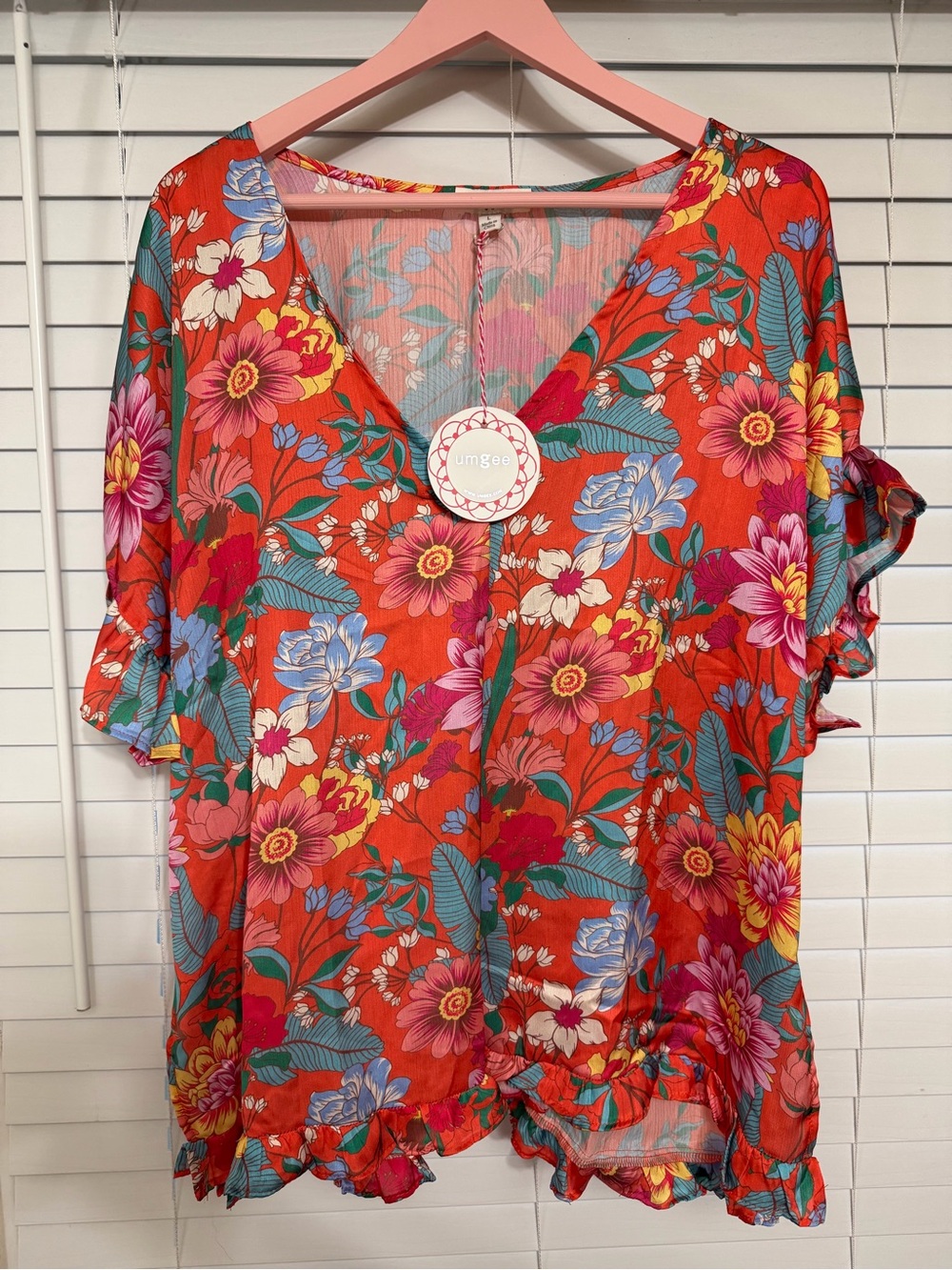 Umgee Coral Floral V-Neck Ruffle Sleeve Blouse
